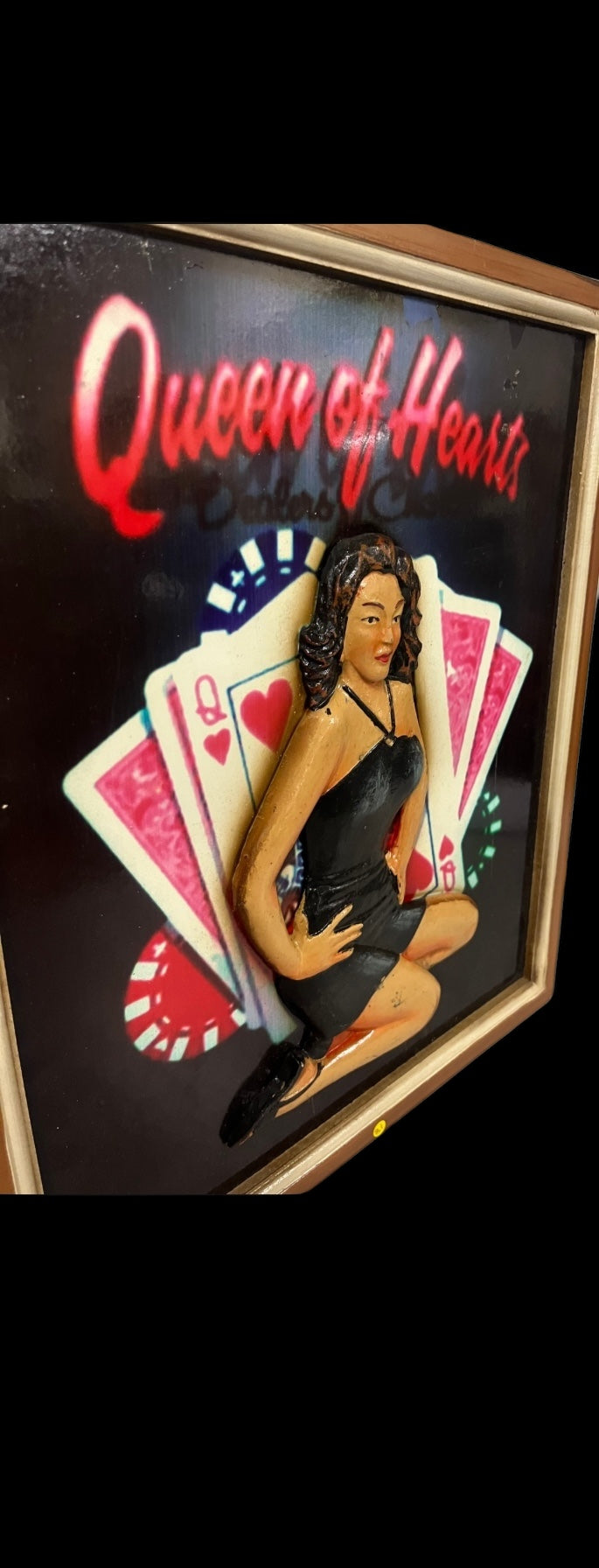 Vintage framed Queen of Hearts dealers choice raised relief wooden carved poker picture