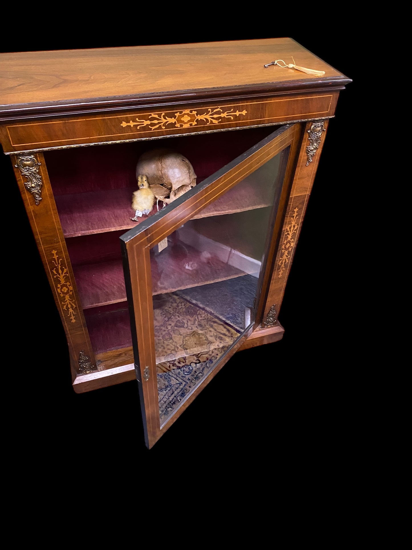 Victorian inlaid walnut display case with velvet shelves