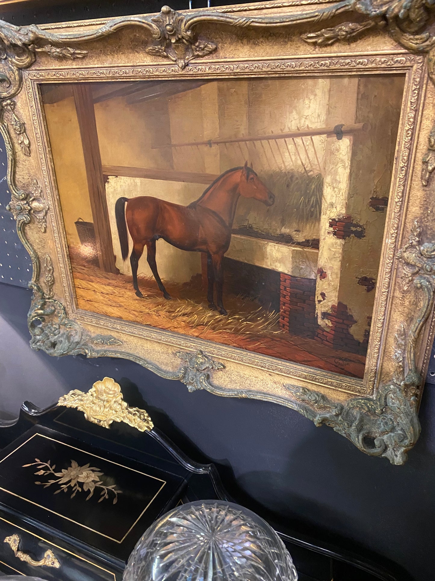19th century signed oil on board of a Chestnut hunter in stable