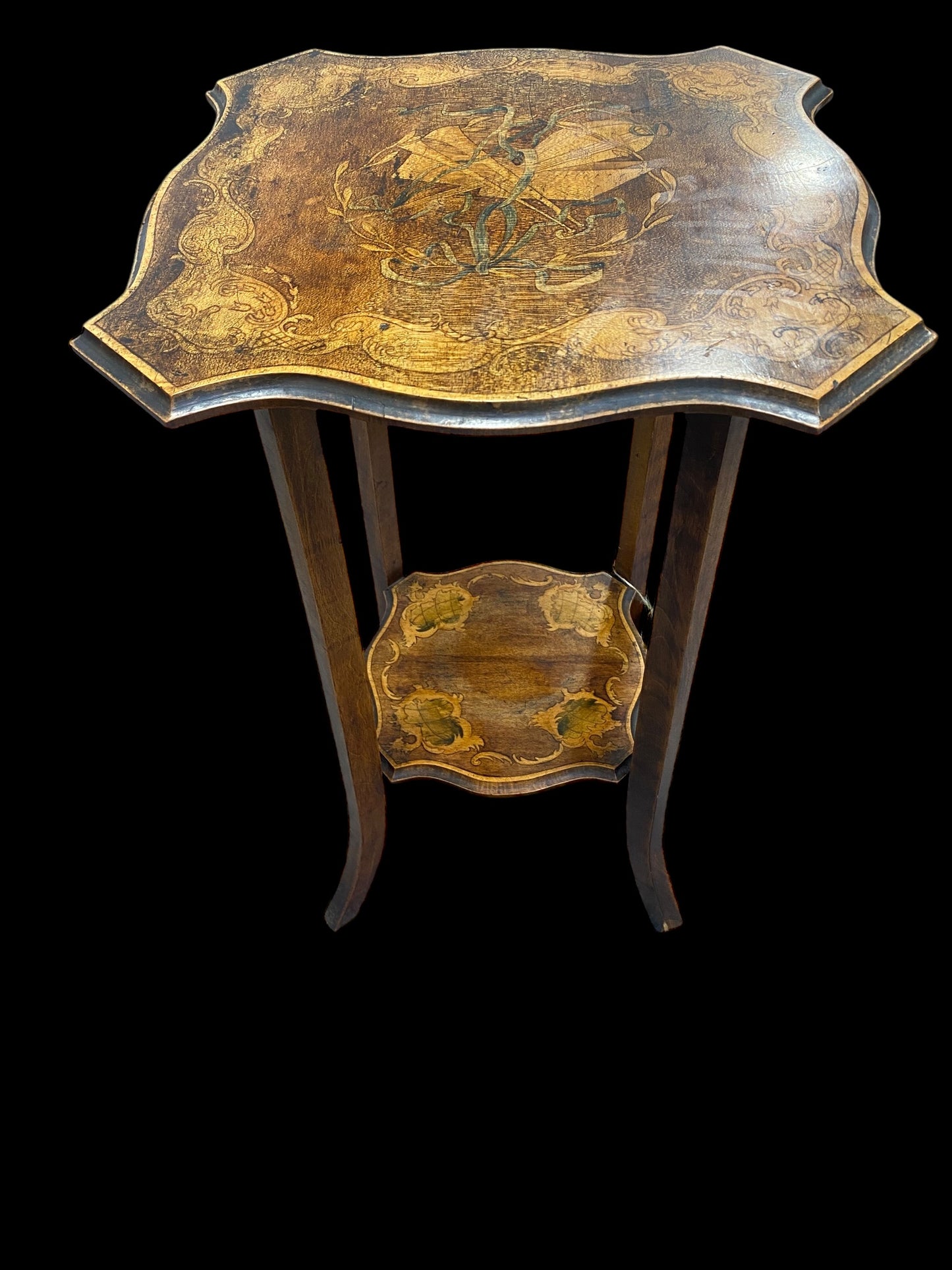 Early 1900's two tier side table painted with Musical instruments, wreath, ribbon and ornate design border