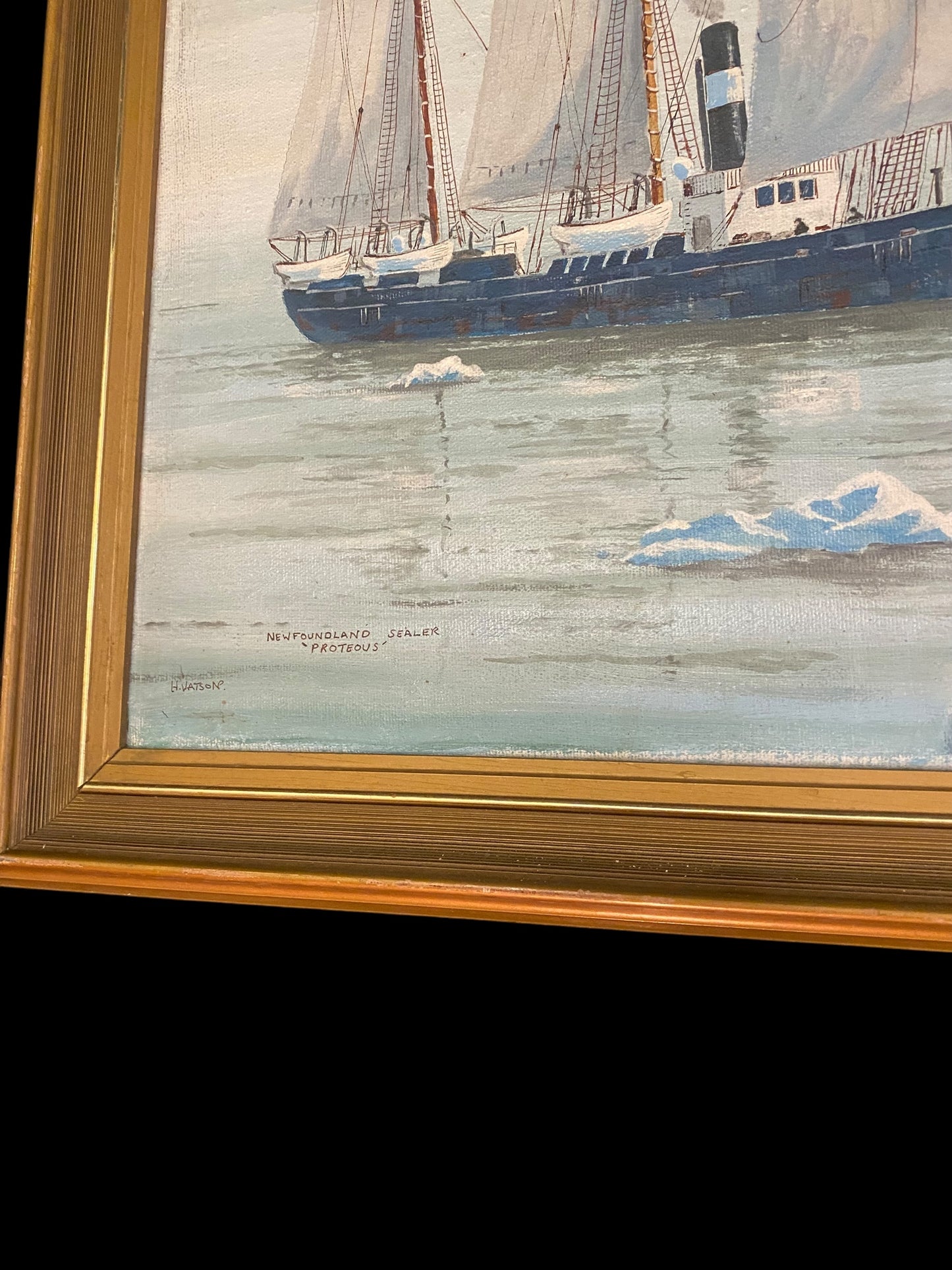 Oil on canvas painting of the Proteus, a Newfoundland sealer by H. Watson