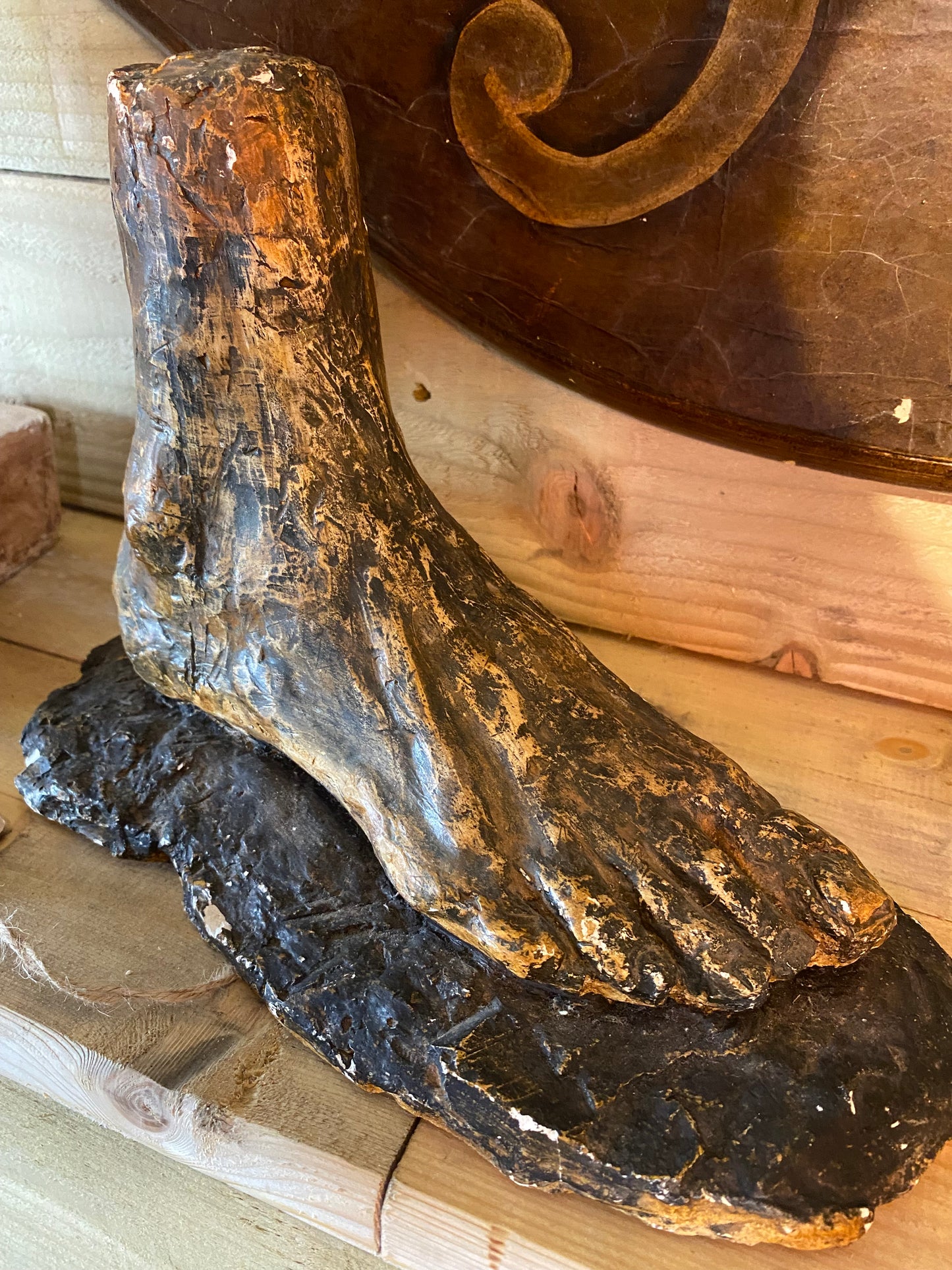 Studio pottery sculpture of a right-foot with salt glaze