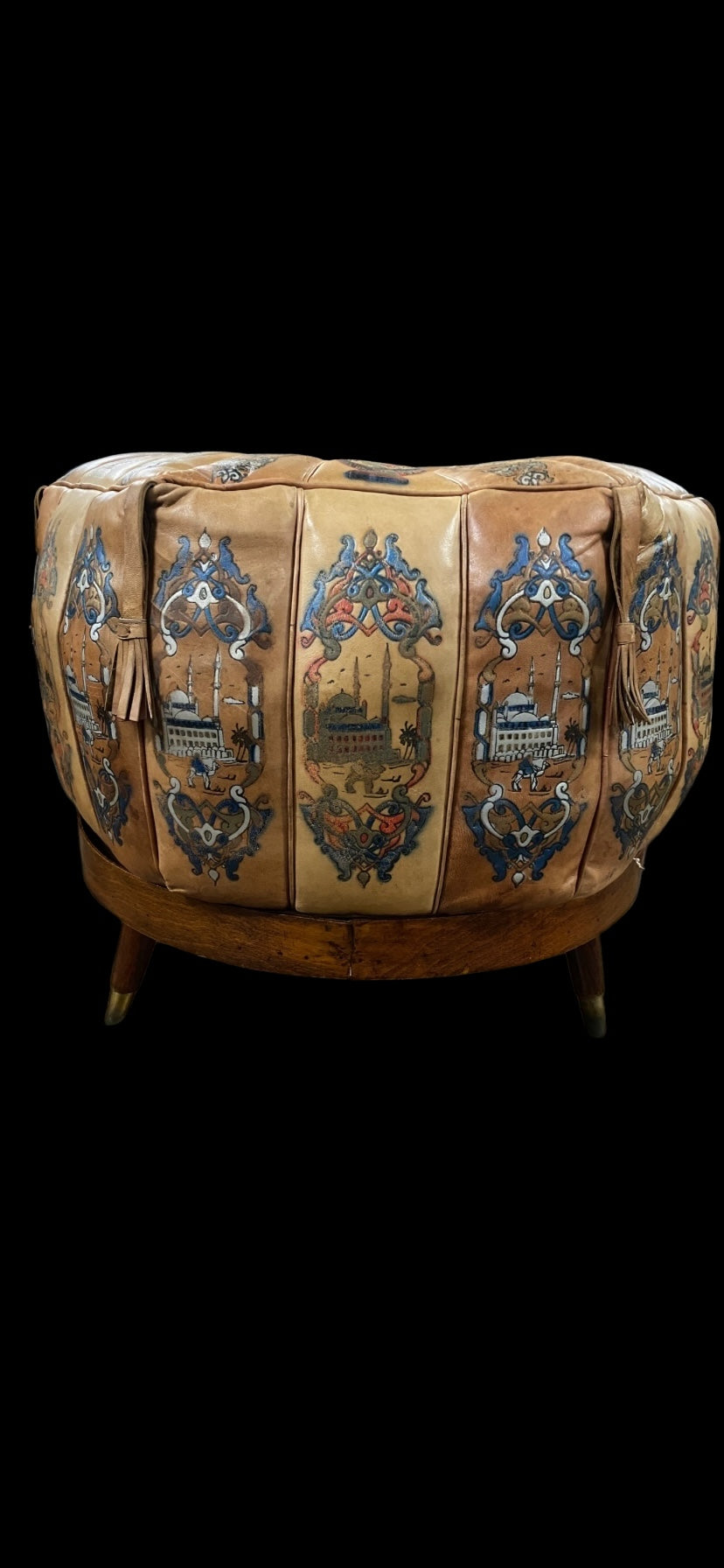 Vintage Egyptian pattern embossed leather pouffe