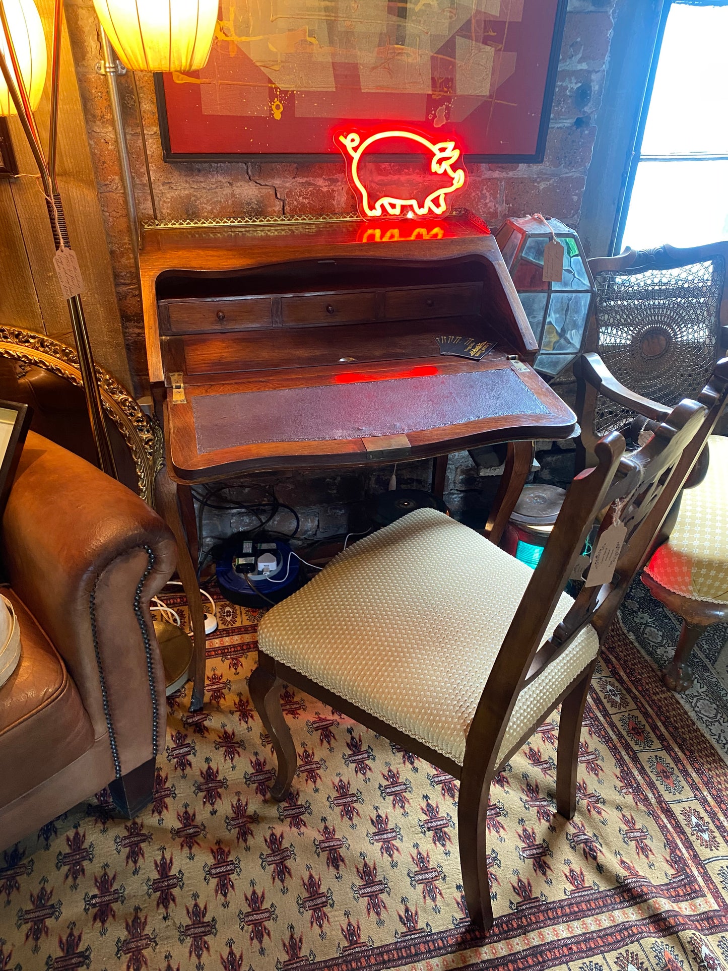 Late Victorian bureau de dame, with brass gallery and inlaid fall front