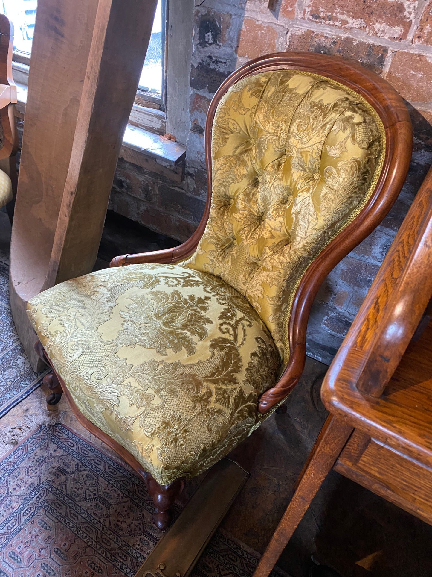 Victorian walnut framed slipper/nursing chair on casters