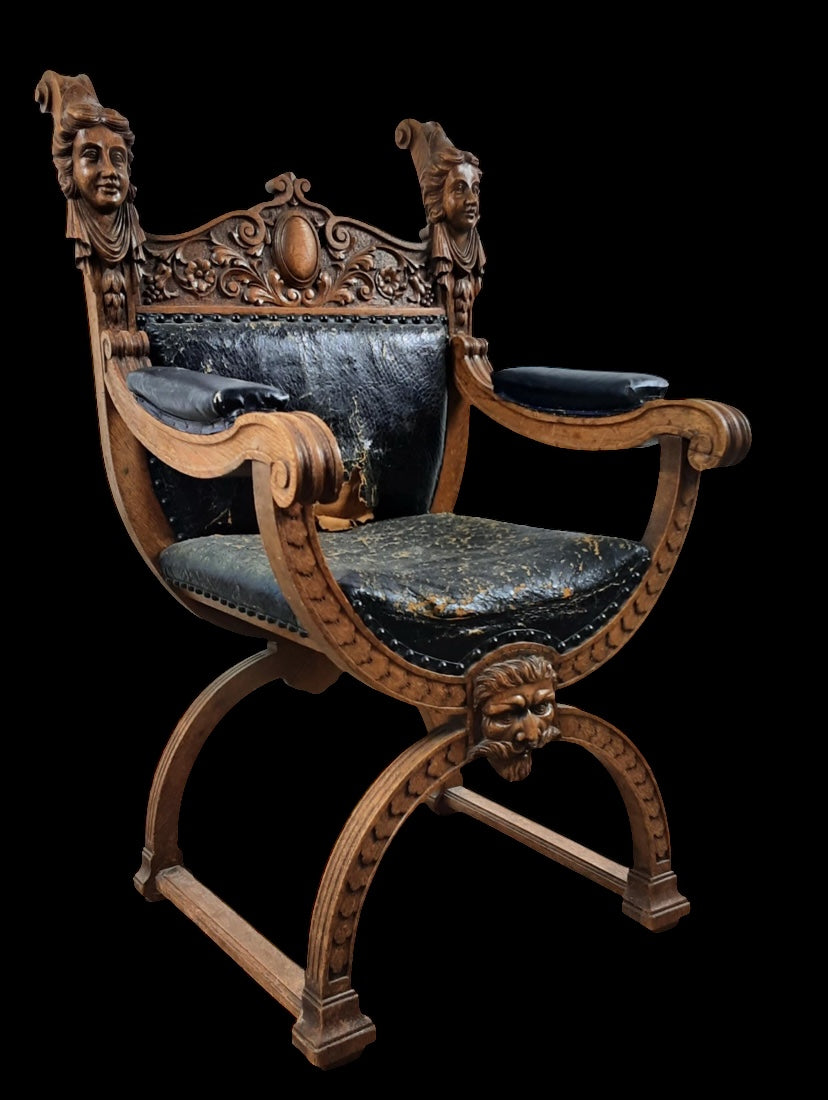 Stunning oak x frame gothic revival hand carved chair