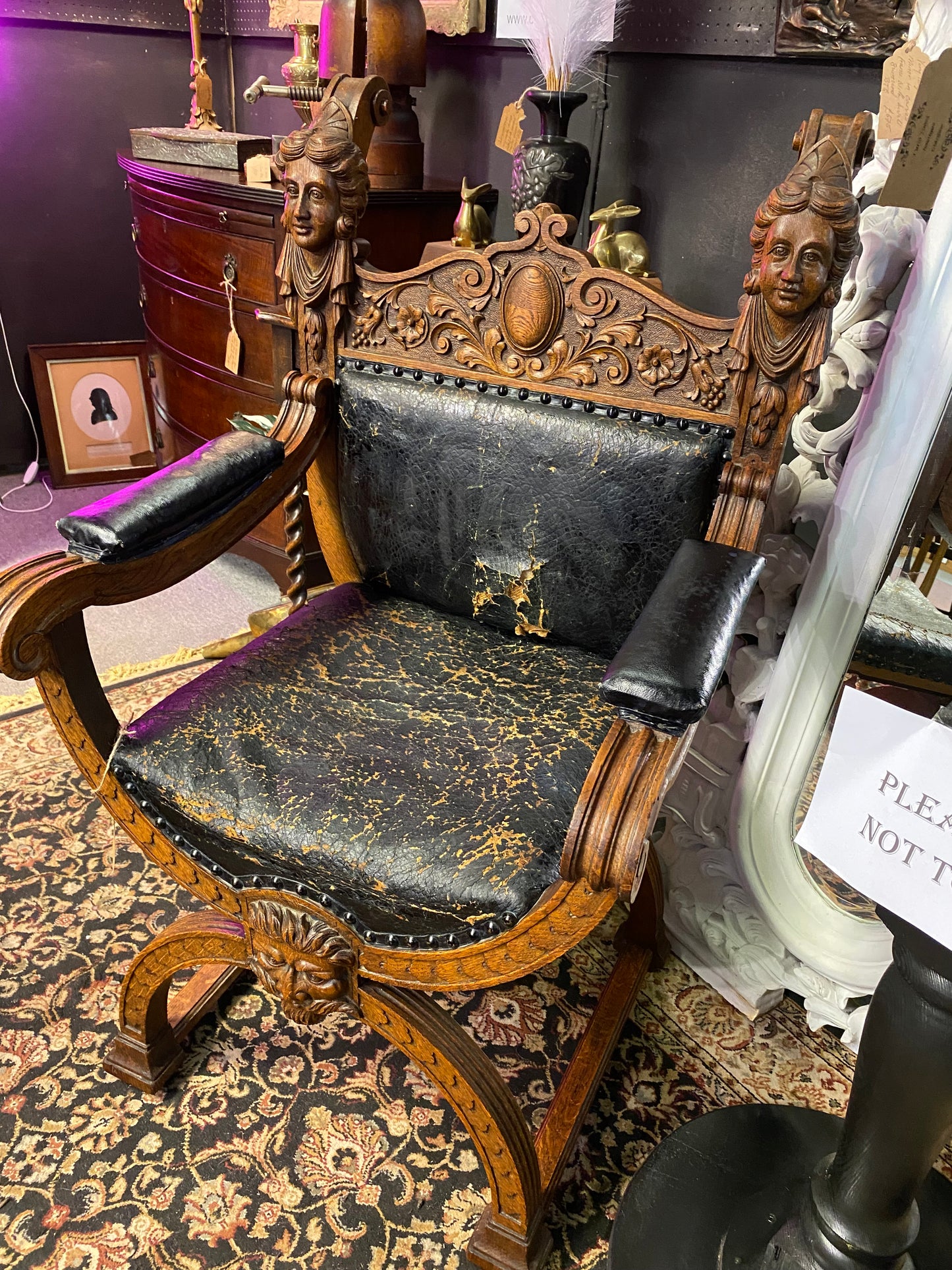 Stunning oak x frame gothic revival hand carved chair
