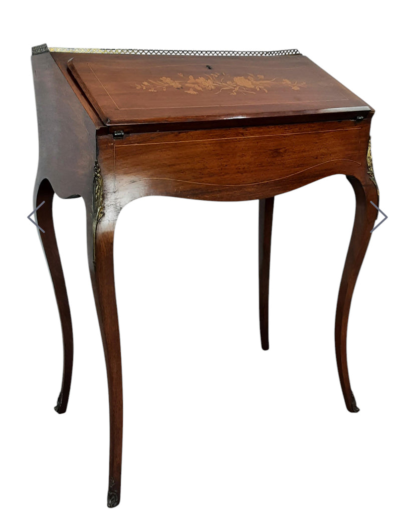 Late Victorian bureau de dame, with brass gallery and inlaid fall front