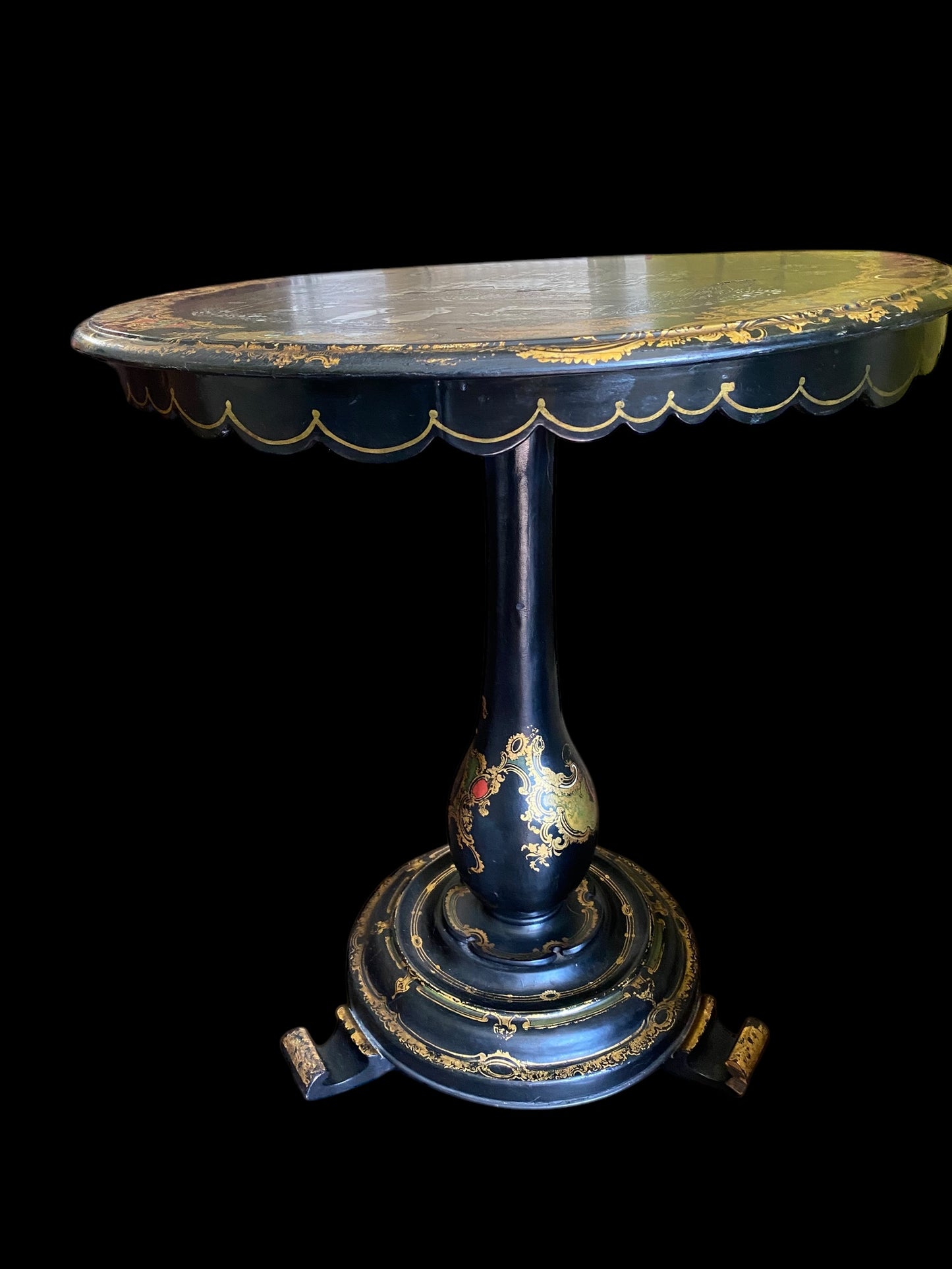 A 19th century black lacquer & gilt circular tilt-top pedestal table