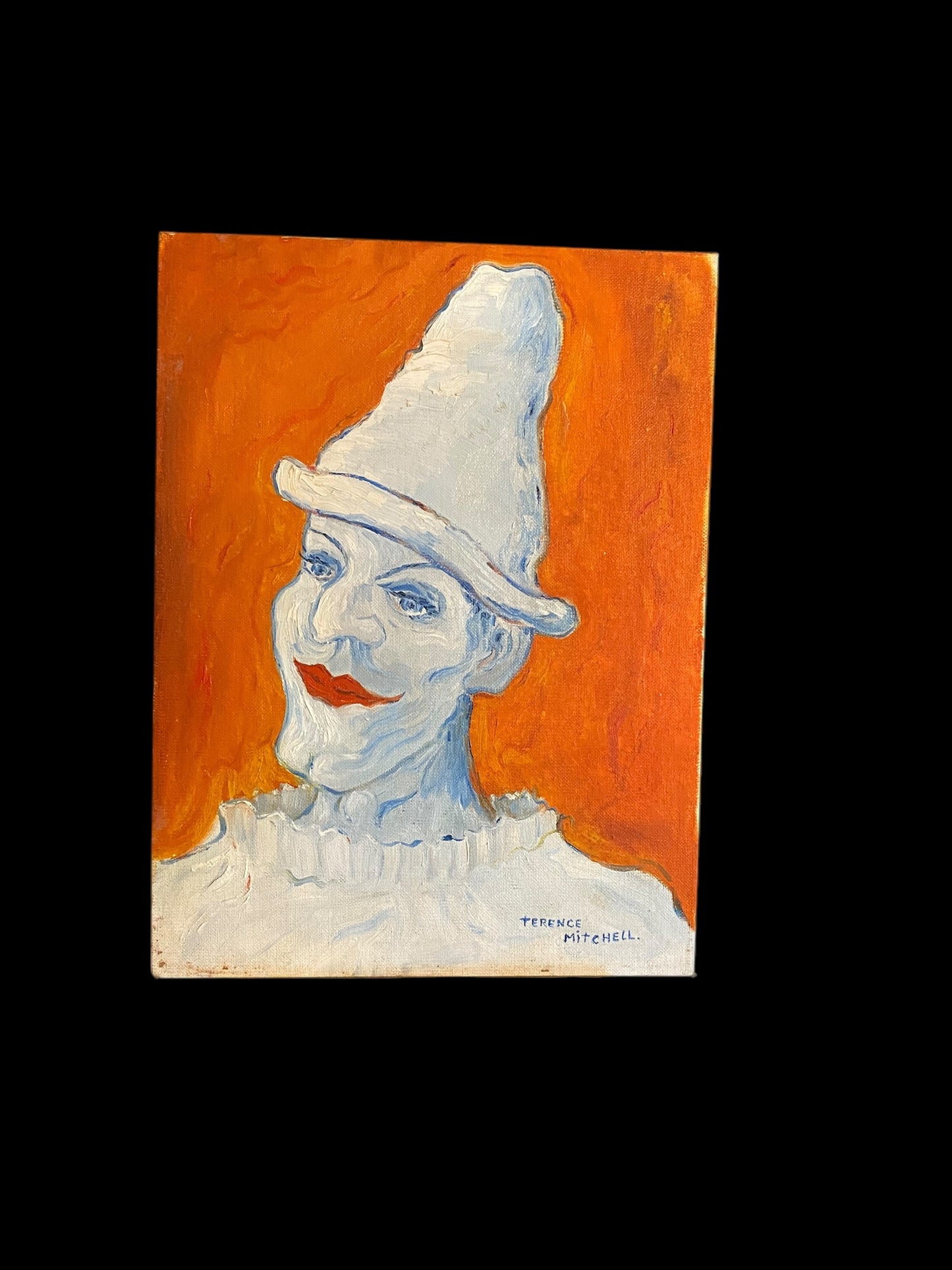 Vintage oil on board portrait of a clown by Terrance Mitchell