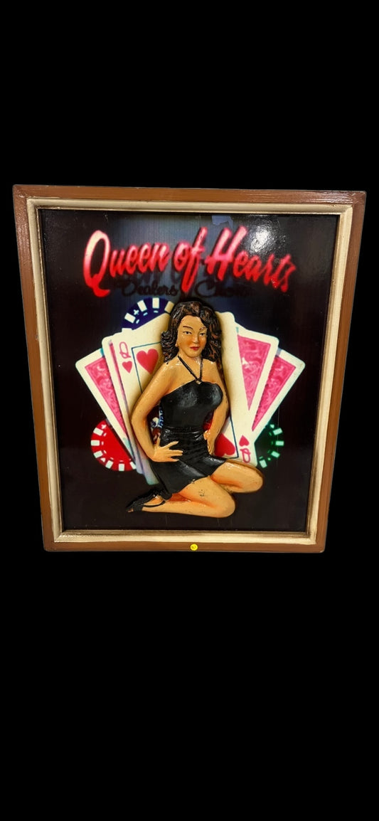Vintage framed Queen of Hearts dealers choice raised relief wooden carved poker picture