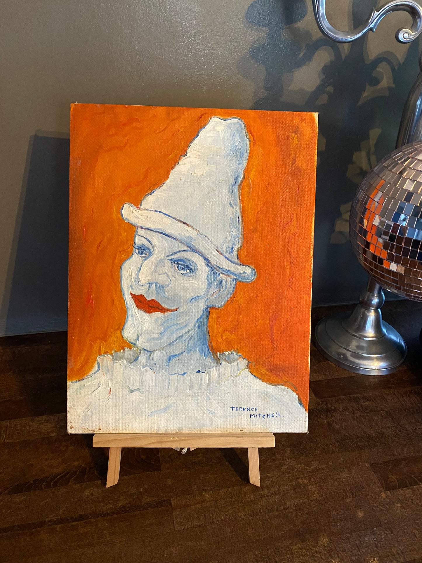 Vintage oil on board portrait of a clown by Terrance Mitchell