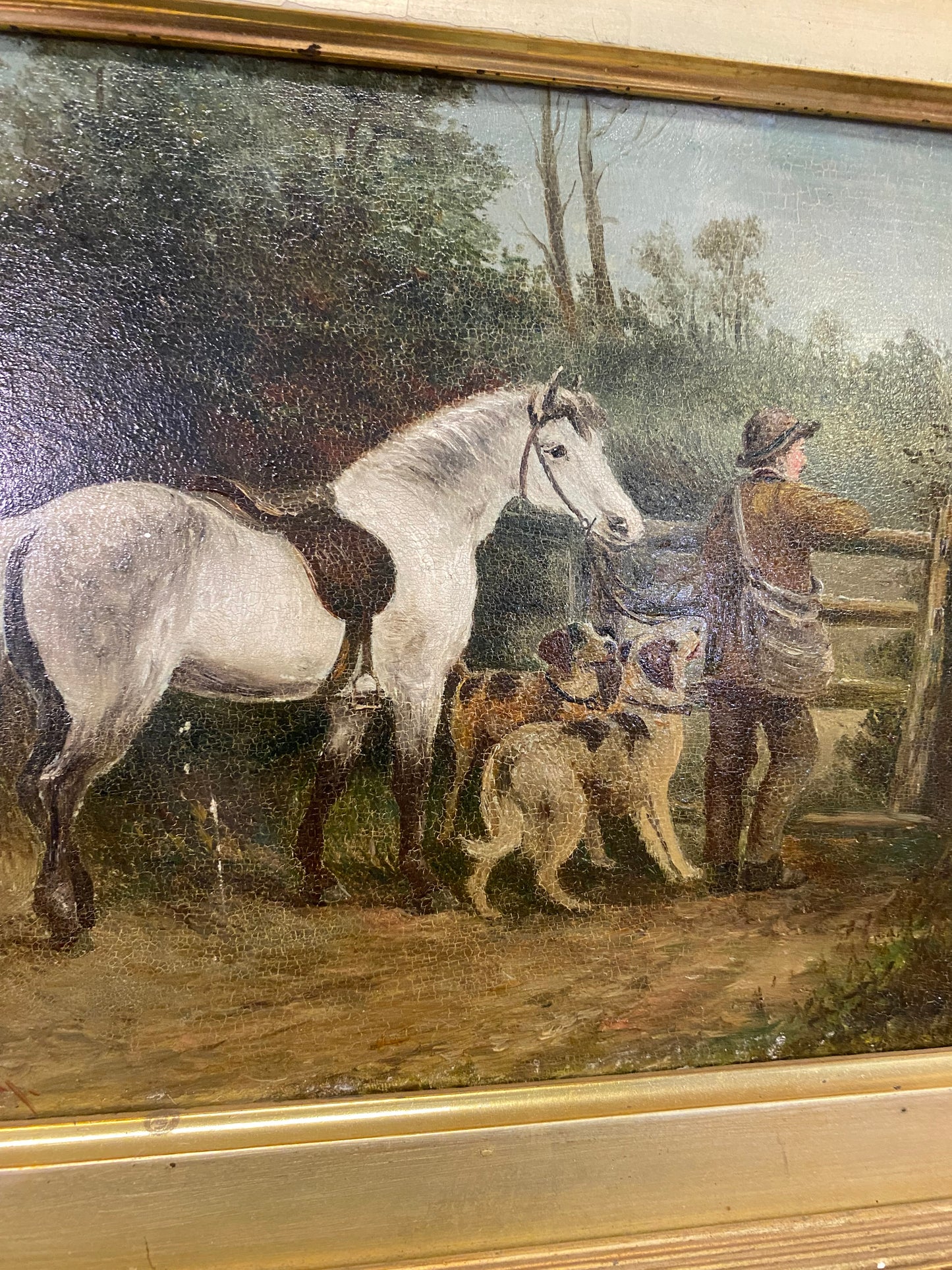 19th century oil painting on wooden panel depicting a country scene