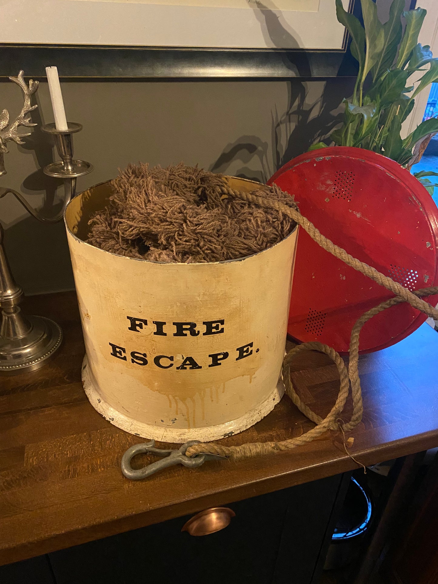 1930s emergency fire escape rope in original tin