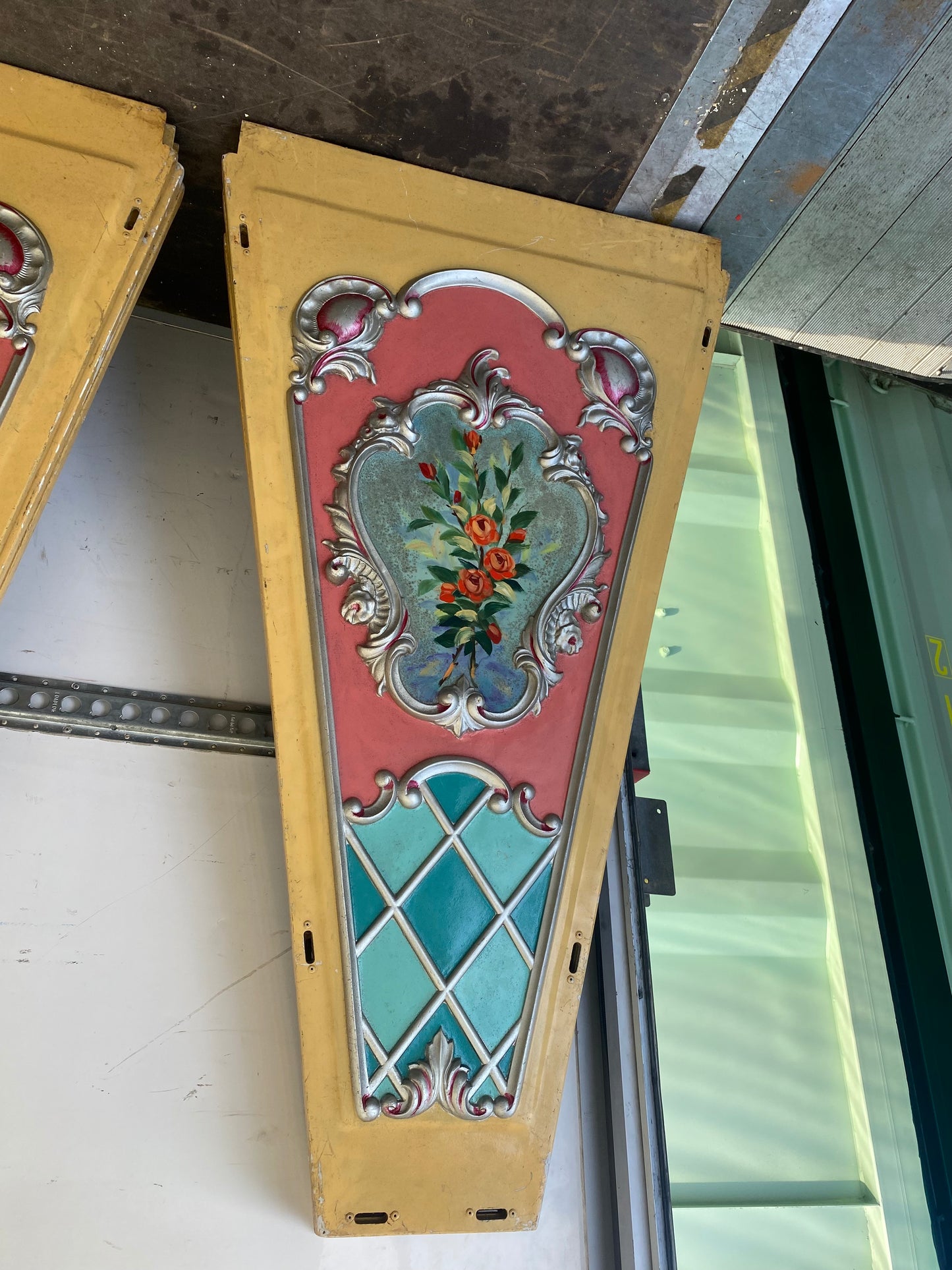 Continental fairground ride panels with hand painted bouquets of flowers