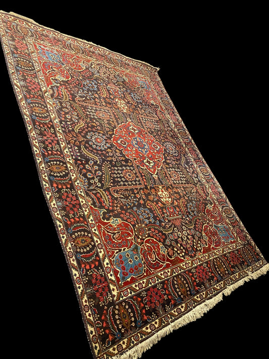 Antique Persian hand tied wool carpet on red and blue ground