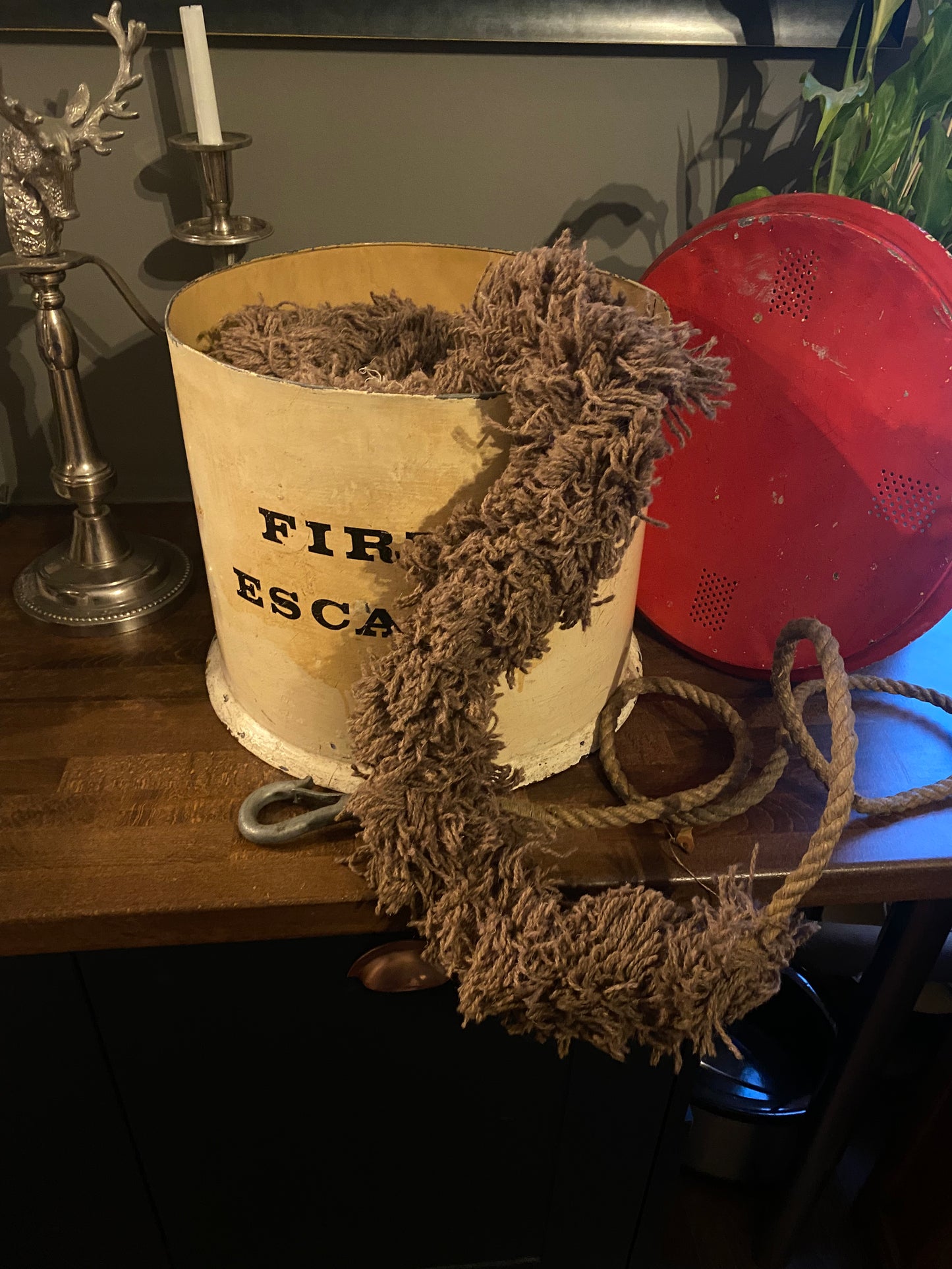 1930s emergency fire escape rope in original tin