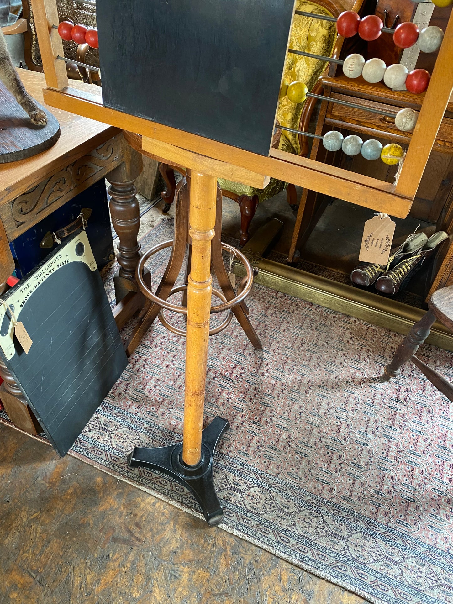 Mid-century freestanding pine abacus with chalk board on cast iron base