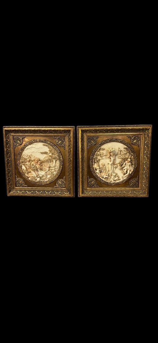 Pair of large vintage gilt framed resin plaques