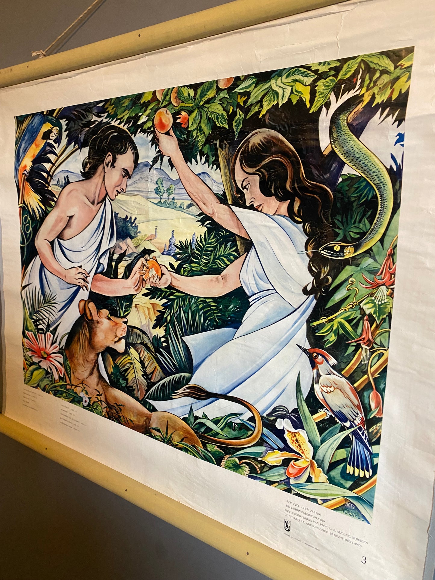 Dutch Biblical teaching aid, print by Ben Horsthuis on canvas. Circa 1950’s