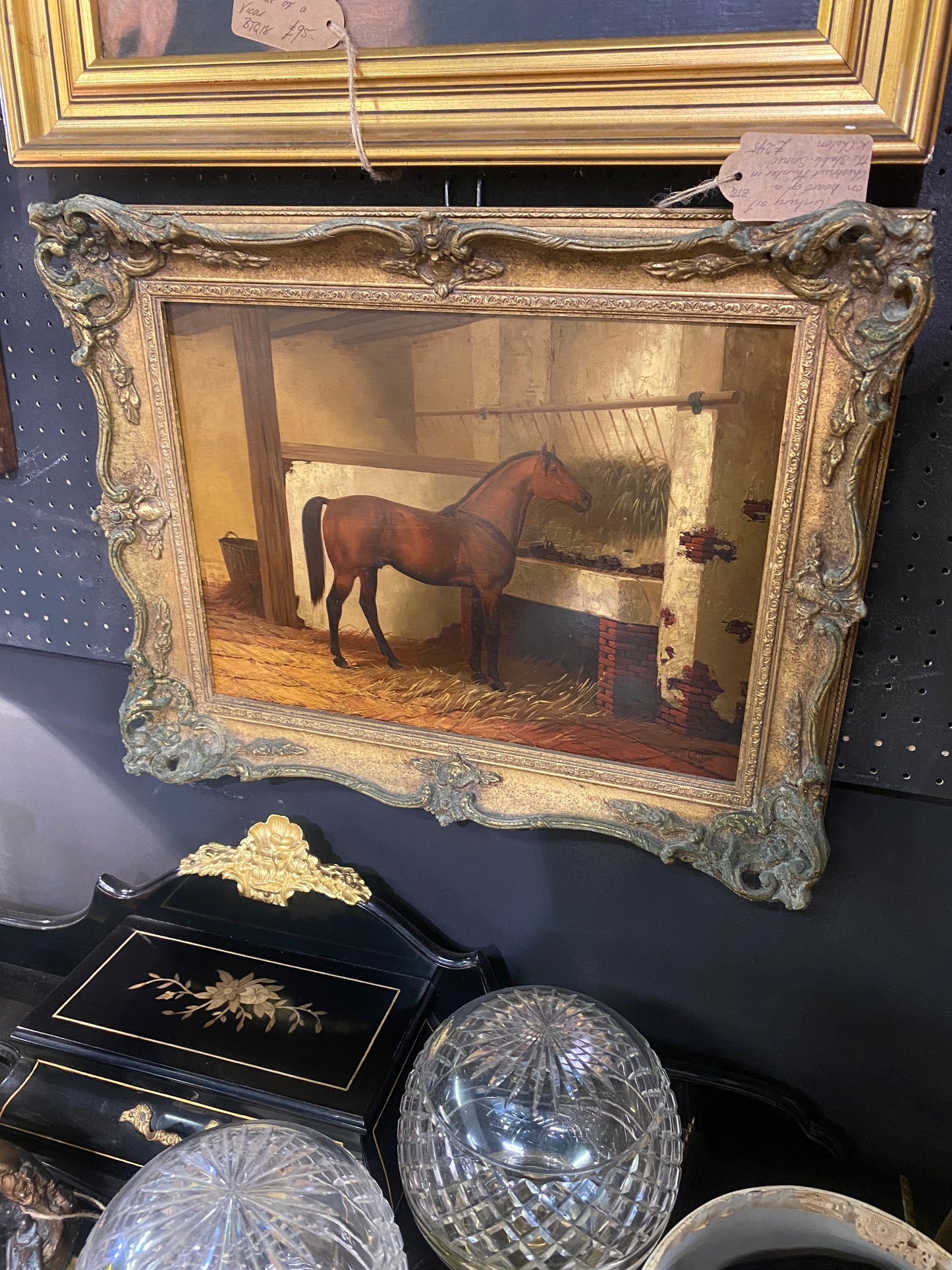 19th century signed oil on board of a Chestnut hunter in stable