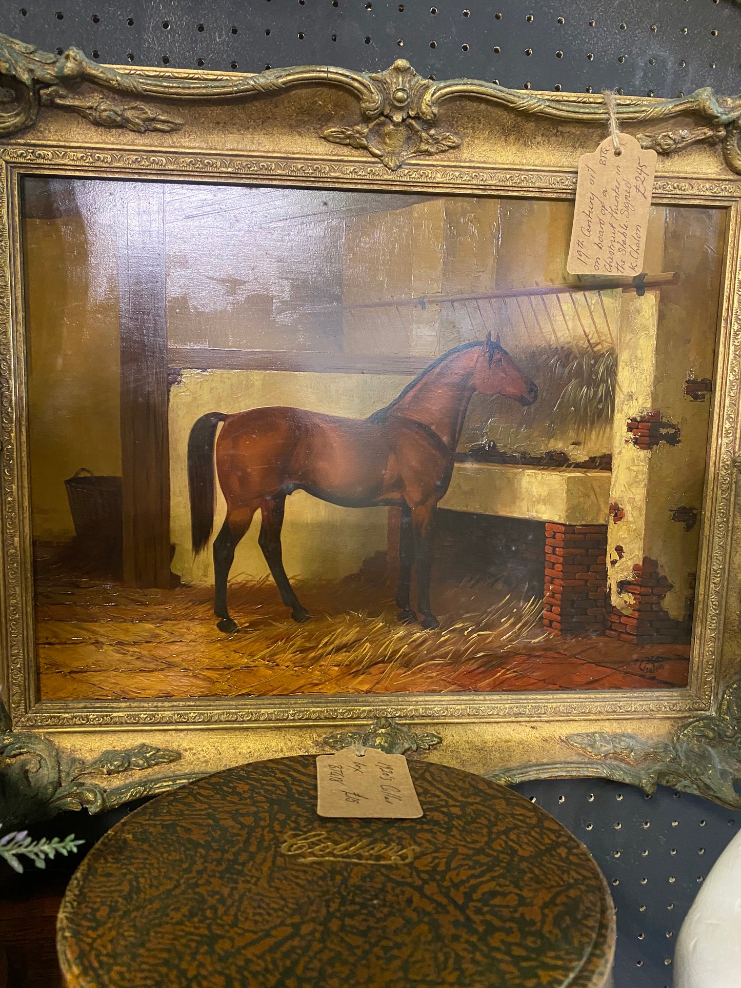 19th century signed oil on board of a Chestnut hunter in stable