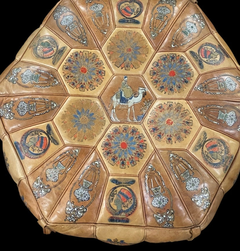 Vintage Egyptian pattern embossed leather pouffe