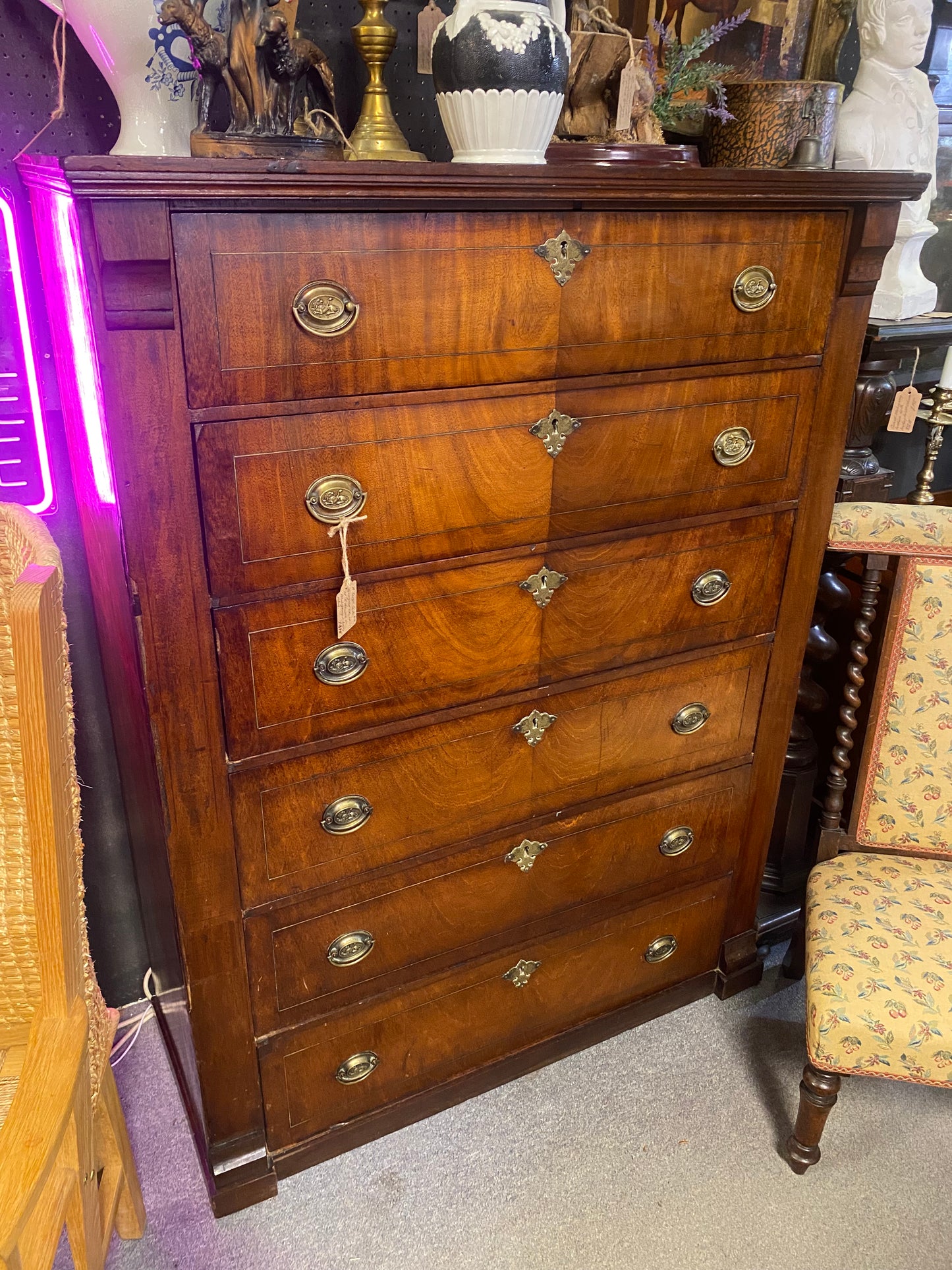 A tall mahogany late Georgian chest of six drawers