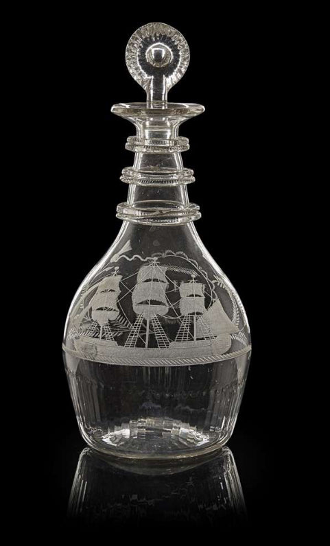 A rare pair of Scottish George III engraved glass decanters